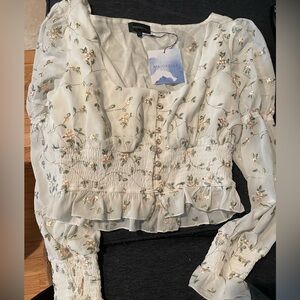 Marjorie Sz Large Voile long sleeve blouse white w print embroidered flowers 20.